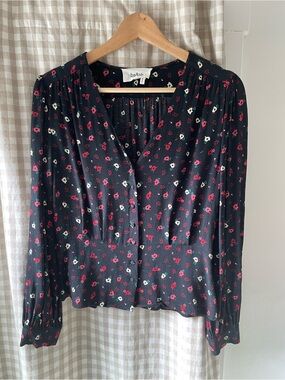 ba&sh Black Floral V-Neck Button-Front Blouse with Red and White Print